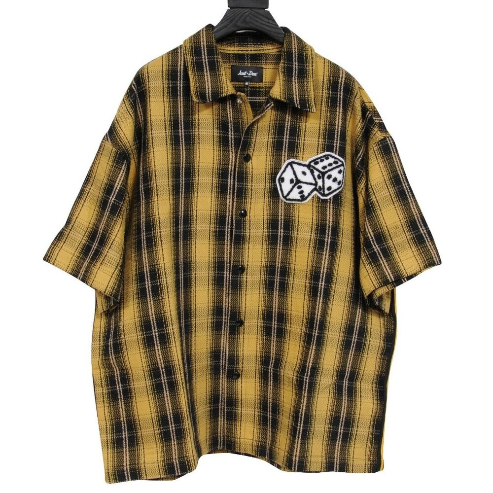 Just Don Men The Dealers Button Down Shirt Medium Yellow Black Plaid Card Print